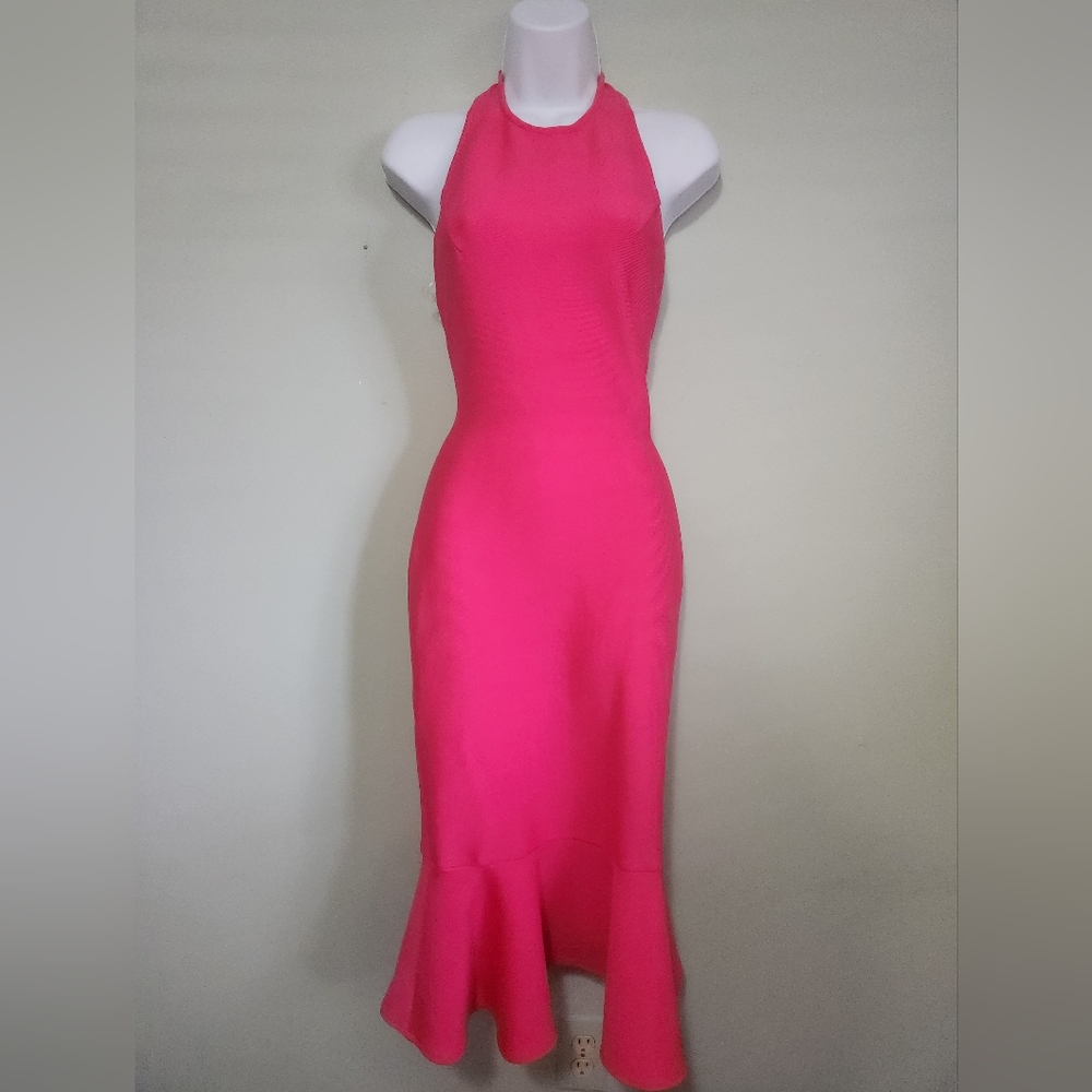 Pink evening midi Halter cocktail dress